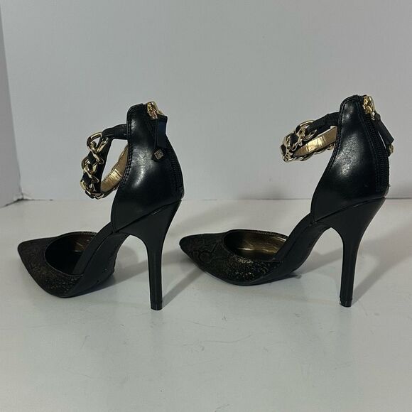 Sam & Libby Black Pointed-Toe Heels w/ Gold Chain Ankle Strap/Snakeskin embossed - Picture 10 of 16
